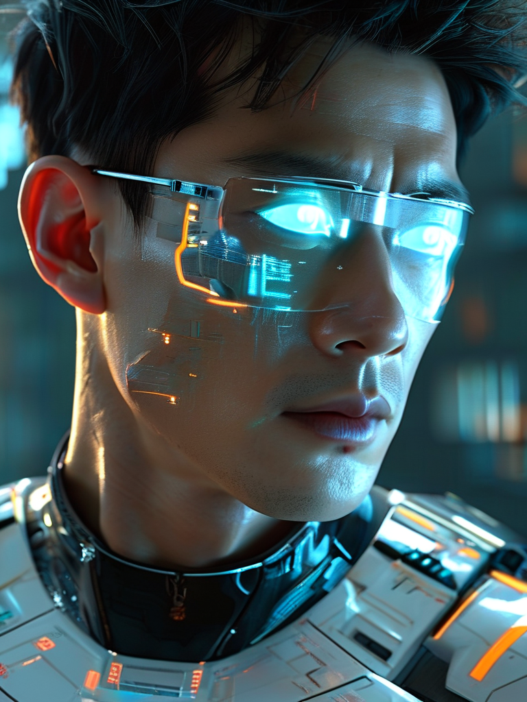 Close-up cliffhanger on LEO's face, but reflected in the polished surface of Echo-7's glitching shoulder armor. In the reflection, we see Leo's weary, determined expression. Superimposed over it, faintly, is the hovering form of A.M.I., and behind him, the adapting monsters. Echo-7's own silver-haired reflection is at the edge. It's a frame containing all three key entities. Leo's comms headset, part of his scavenger gear, flickers to life with a soft cyan glow.