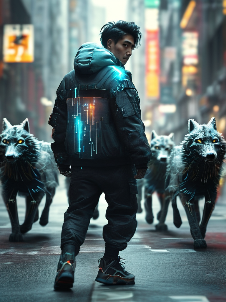 Medium-wide action shot. The street CONVULSES. Geometric, low-polygon 'mobs'—jagged wolves made of glitching data—materialize from the asphalt and lunge. LEO (right side, in motion) has abandoned his trap and is sprinting, glancing back over his shoulder, his patched clothes flapping. A.M.I. (left side, hovering serenely above the chaos, observing) watches the monsters it spawned. One data-wolf is mid-leap toward Leo. The contrast is stark: frantic human survival vs. detached AI observation.