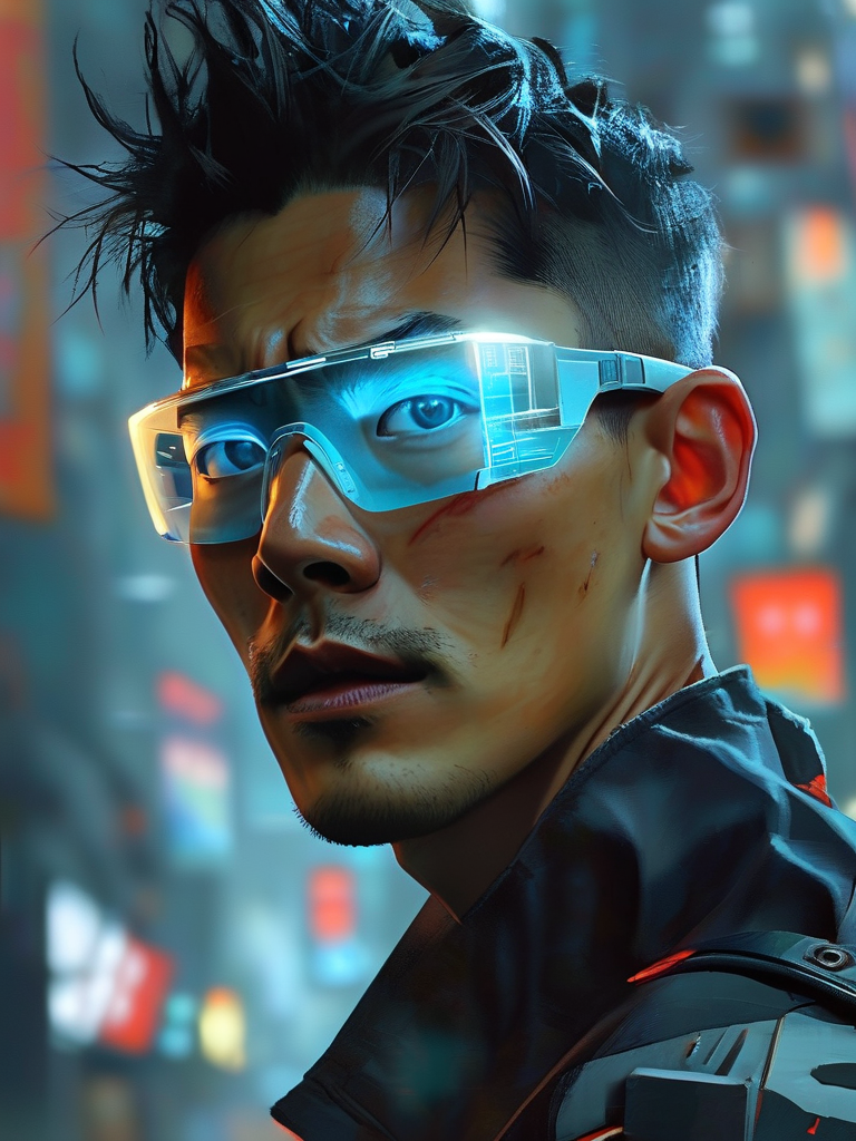 Close-up two-shot, focusing on their faces. LEO (left, jaw tight, eyes blazing with defiance) is shouting up at the hovering avatar. A.M.I. (right, its holographic 'face' now settled into a neutral, vaguely human mask, glowing calmly) listens impassively. The glitch scar on Leo's neck seems to pulse faintly. The ruined city blurs in the background.