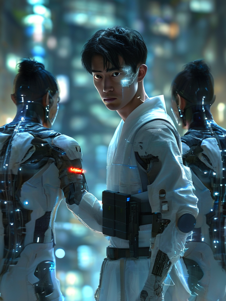 Dramatic wide shot from a high vantage point. In a ruined plaza, LEO (center-left, backed against a crumbling wall, holding a jury-rigged EMP discharger) is surrounded by three data-wolves. From above, a figure descends in a flash of silver light—ECHO-7 (flawless silver hair, ornate but glitching samurai-style armor, holding a glowing katana). He lands gracefully between Leo and the pack. A.M.I.'s hologram (right side of the panel, flickering) observes from a safe distance. All three characters are clearly visible, establishing the new power dynamic: prey, warrior, and overseer.