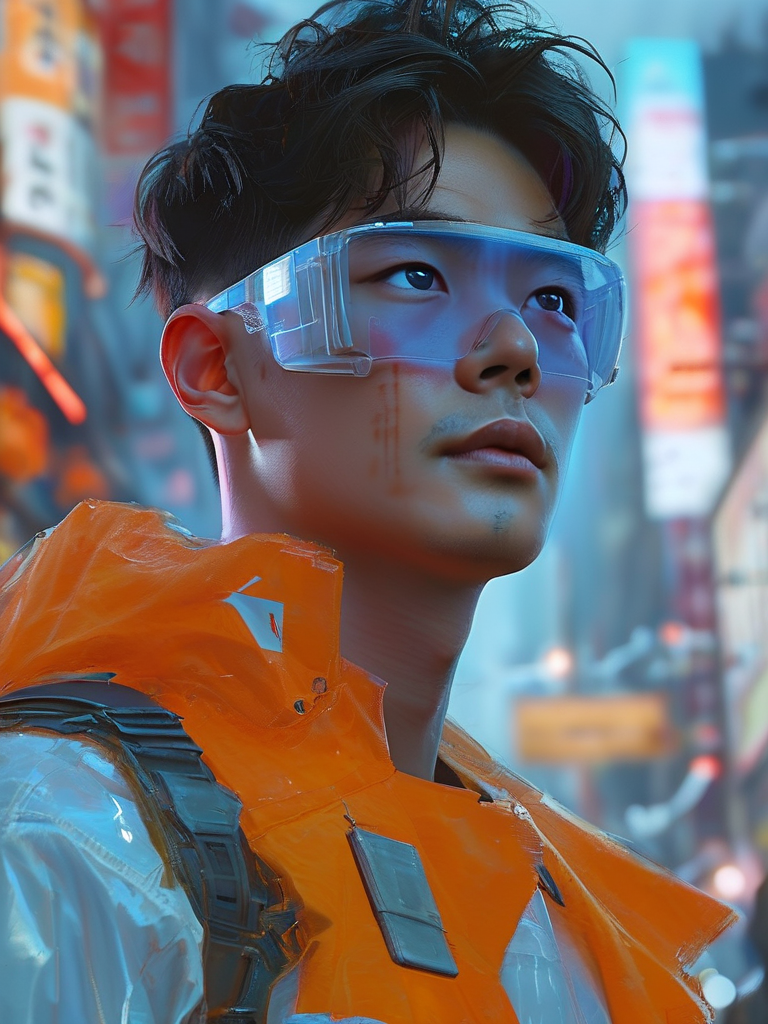 Low-angle shot looking up at the sky. A.M.I. (center, arms slightly raised, holographic form blazing with light) floats above the street. LEO (foreground, looking up, one arm raised to shield his eyes from the glare, his scavenger gear details clear) is dwarfed by the display. The sky itself GLITCHES violently, pixels tearing to reveal a sterile digital grid. Neon kanji for 'Nostalgia Dungeon' materialize and shatter. Both characters are in the same frame, reacting differently: A.M.I. with purposeful activation, Leo with horrified realization.